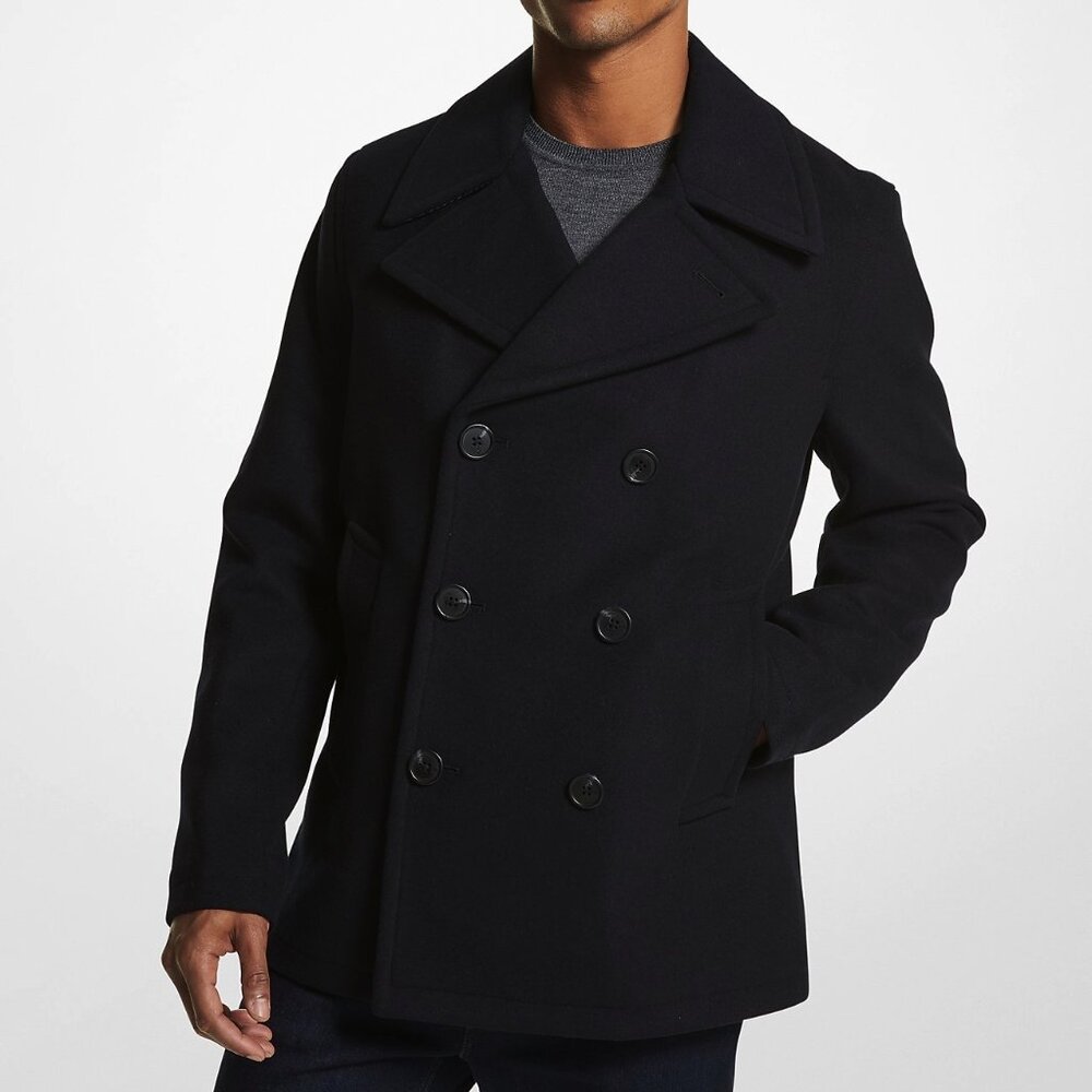 NWT Michael Kors Jacket Mens  Black Peacoat Double Breasted Wool‎ Blend